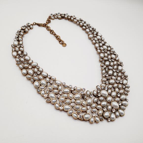 Bubblebar Gold Tone Faux Pearl Statement Necklace 20 Inch Rhinestone Collar - Picture 6 of 11